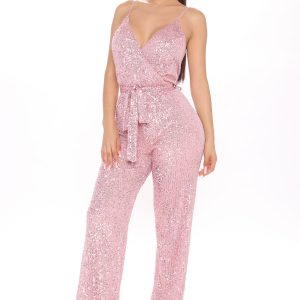 Can't Hide The Shine Sequin Jumpsuit - Pink